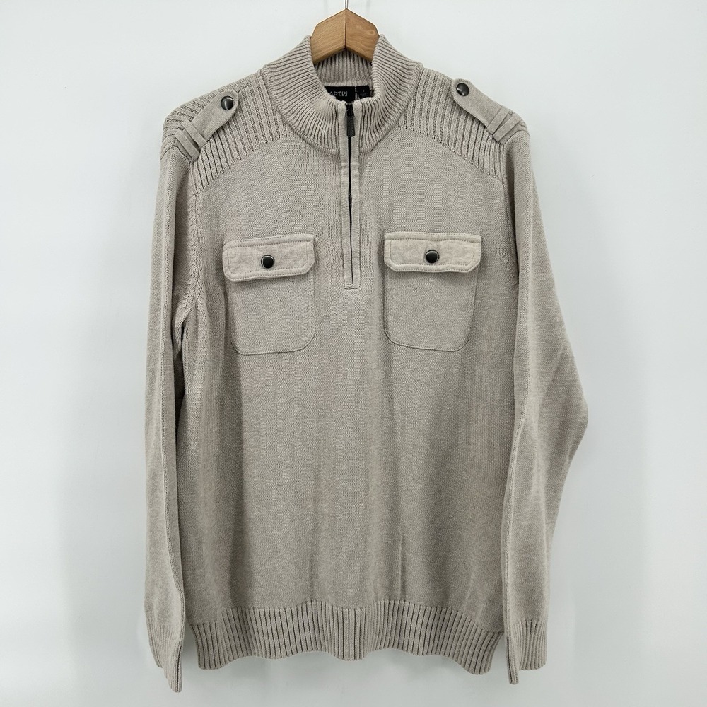 Apt 9 Mock Neck Sweater Mens Large Beige 1/4‎ Zip Military Pullover Utilitywear